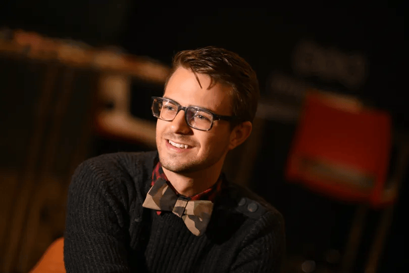 Paul Hunter, founder of Repurpose Bowties, wearing one of his reclaimed-fabric bow ties